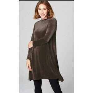 J JILL Mocha Dipped Hem Crushed Velour Dress Women Small Velvet Pockets Winter